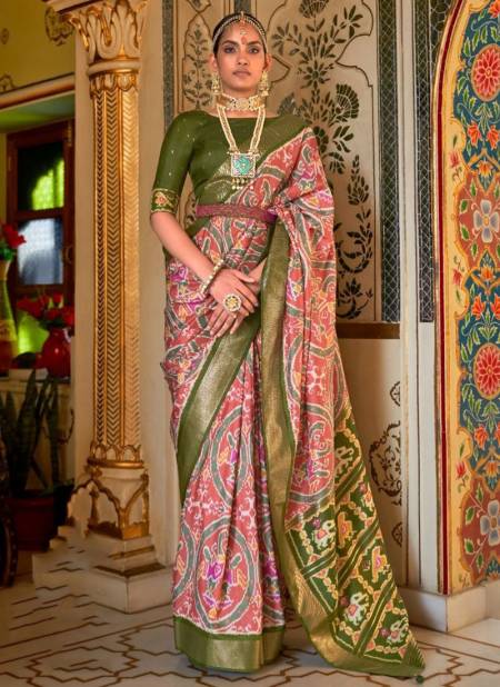 Mehndi And Pink Colour Maharani Rewaa New Latest Designer Printed Ethnic Wear Patola Silk Saree Collection 525 D